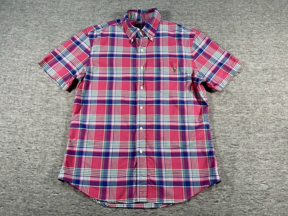 Ralph Lauren Shirt Mens Large Slim Fit Plaid Cotton Button-Front Short Sleeve